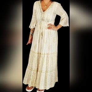 New Without Tags ME 2 MAGIC Sequin Tassels Gold Stripe Bohemian Maxi Dress
